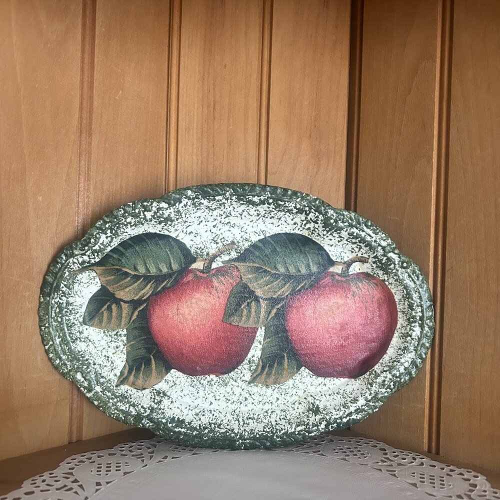 Vintage Hand Painted Green Splatter Apple Fruit Decoupage Metal Tray
